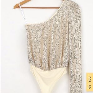 Cream and Silver Sequin One-Shoulder Bodysuit